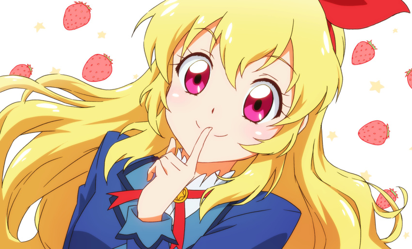 aikatsu! aikatsu!_(series) anime_coloring blonde_hair bow close-up closed_mouth commentary eyebrows_visible_through_hair finger_to_mouth food fruit hair_between_eyes hair_bow hairband hoshimiya_ichigo long_hair nicca_(kid_nicca) red_eyes ribbon school_uniform shushing smile star starlight_academy_uniform starry_background strawberry strawberry_background