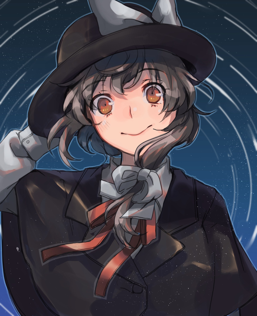1girl absurdres black_capelet black_hair bow brown_eyes capelet commentary fedora hair_ribbon hat hat_bow highres long_sleeves neck_ribbon night ribbon shirt short_hair sky solo star_(sky) star_trail starry_sky touhou usami_renko white_bow white_shirt