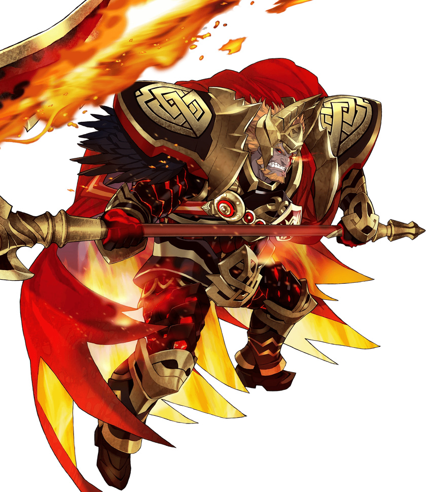 armor beard black_armor cape clenched_teeth facial_hair feathers fire fire_emblem fire_emblem_heroes full_body gauntlets glowing glowing_eye greaves helmet highres holding holding_weapon horned_helmet maeshima_shigeki male_focus molten_rock official_art orange_hair red_cape red_eyes scar scar_across_eye scythe short_hair shoulder_armor solo surtr_(fire_emblem_heroes) teeth transparent_background weapon