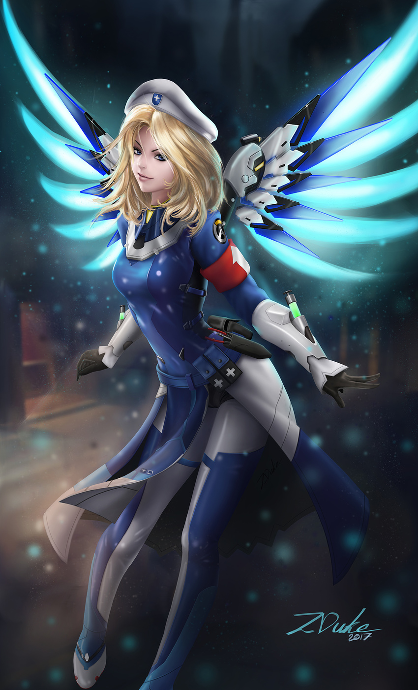 alternate_costume alternate_hairstyle armband artist_name bad_anatomy bad_leg bangs beret black_gloves blonde_hair blue_bodysuit blue_eyes blue_wings bodysuit breasts building city combat_medic_ziegler cowboy_shot dated eyeliner gloves glowing glowing_wings hat highres leaning_forward light_particles light_smile lips long_sleeves looking_at_viewer makeup mechanical_wings medium_breasts medium_hair mercy_(overwatch) night nose outdoors overwatch pink_lips pliers pouch road signature snowing solo spread_wings street white_hat wings z-duke