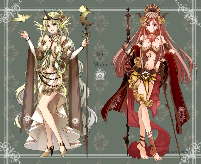 absurdly_long_hair artist_name asymmetrical_legwear barefoot bird breasts brown_footwear cleavage crescent crescent_hair_ornament dated english flower green_eyes green_hair hair_flower hair_ornament headpiece high_heels holding holding_staff horns konataeru long_hair medium_breasts midriff multiple_girls original red_eyes red_hair smile staff standing very_long_hair