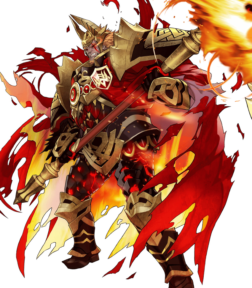 armor beard black_armor cape clenched_teeth facial_hair feathers fire fire_emblem fire_emblem_heroes gauntlets glowing glowing_eye greaves helmet highres holding holding_weapon horned_helmet maeshima_shigeki male_focus molten_rock official_art orange_hair red_cape red_eyes scar scar_across_eye scythe shoulder_armor solo surtr_(fire_emblem_heroes) teeth torn_cape transparent_background weapon