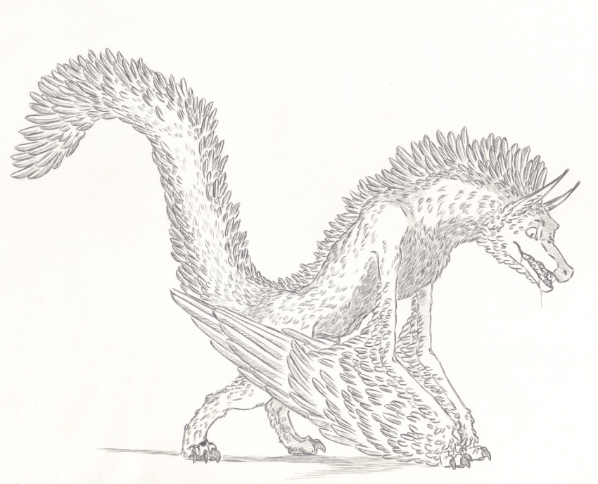 demon dragon drooling feathered_wings feathers feral fluffy saliva skyfifer traditional_media_(artwork) wings wyvern