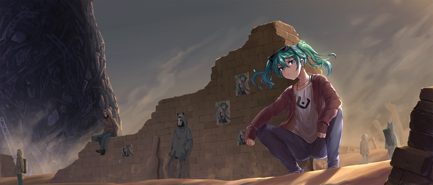 ambiguous_gender animal_hood aqua_eyes aqua_hair bangs black_footwear black_jacket blue_pants brick_wall broken_wall brown_jacket brown_pants collarbone day dust earrings eyewear_on_head facing_away grey_sky hair_between_eyes hands_in_pockets hatsune_miku highres hood hood_up hooded_jacket hoop_earrings instrument_case jacket jewelry jirofly junk ladder long_sleeves looking_at_viewer mask medium_hair open_clothes open_jacket pants parted_lips pile poster_(object) red_jacket sand shiny shiny_hair shirt shoes sitting skull_mask squatting standing suna_no_wakusei_(vocaloid) sunglasses twintails vocaloid white_shirt yellow_jacket