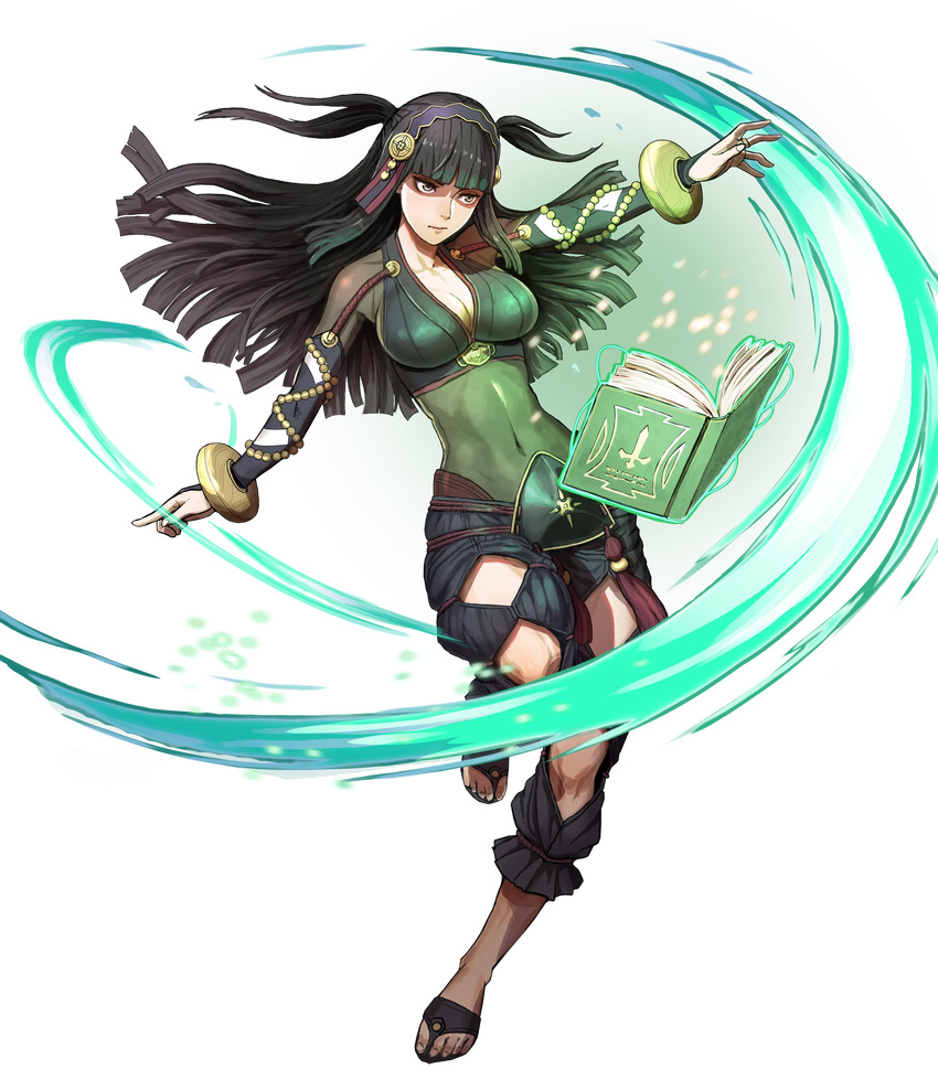 bangs black_hair bodystocking book bracelet breasts bridal_gauntlets brown_eyes capri_pants cleavage covered_navel fire_emblem fire_emblem_heroes fire_emblem_if floating floating_object full_body glowing hair_ornament hairband highres jewelry large_breasts leg_up long_hair looking_away midriff official_art open_book open_toe_shoes pants sandals solo syalla_(fire_emblem_if) toshiyuki_kusakihara transparent_background two_side_up