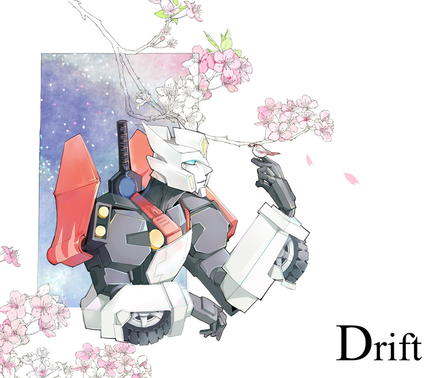autobot blue_eyes character_name commentary_request drift flower highres katana machinery mecha no_humans polyrhythm simple_background sword transformers weapon white_background
