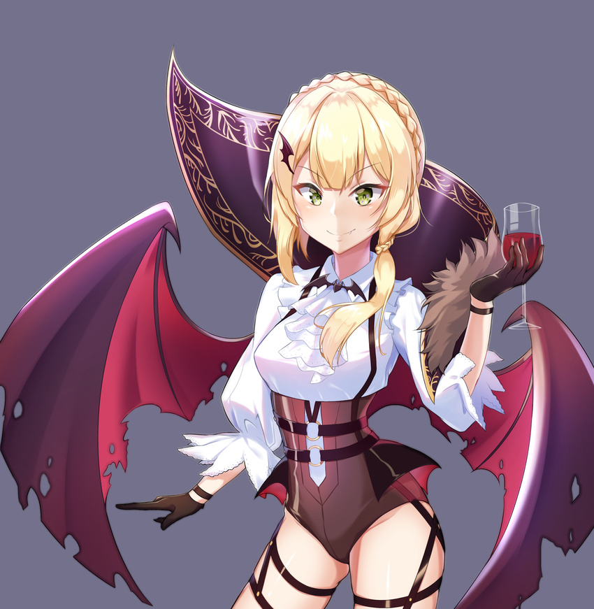 absurdres ass_visible_through_thighs black_background black_gloves blonde_hair blush braid breasts closed_mouth collared_shirt cup cupping_glass demon_wings drinking_glass eyebrows_visible_through_hair fang_out girls_frontline gloves hair_ornament hair_over_shoulder hairclip highres holding holding_cup long_sleeves looking_at_viewer low_ponytail medium_breasts shirt simple_background smile solo ssogari standing v-shaped_eyebrows welrod_mk2_(girls_frontline) white_shirt wine_glass wing_collar wings