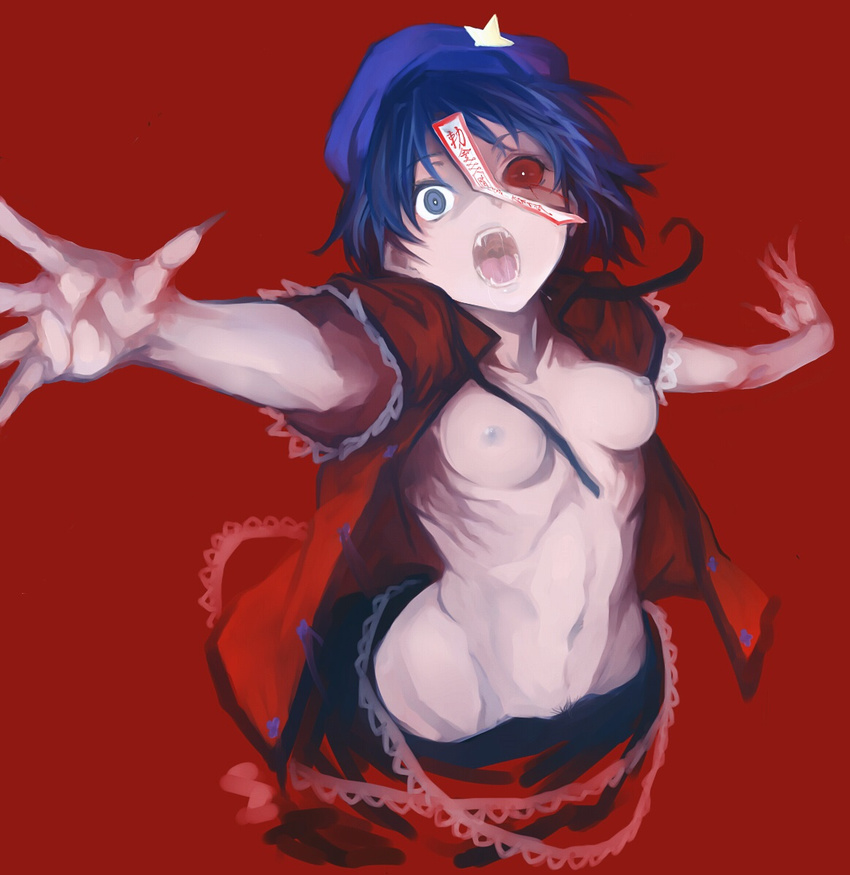 bangs beret blue_eyes breasts bright_pupils commentary_request fingernails hat jacket jiangshi looking_at_viewer loose_clothes mismatched_sclera miyako_yoshika nipples no_bra no_panties ofuda open_clothes open_jacket open_mouth pubic_hair pubic_hair_peek reaching_out red_background red_jacket red_sclera ribs saliva sharp_fingernails short_hair short_sleeves simple_background skinny small_breasts solidstatesurvivor solo touhou upper_body wide-eyed
