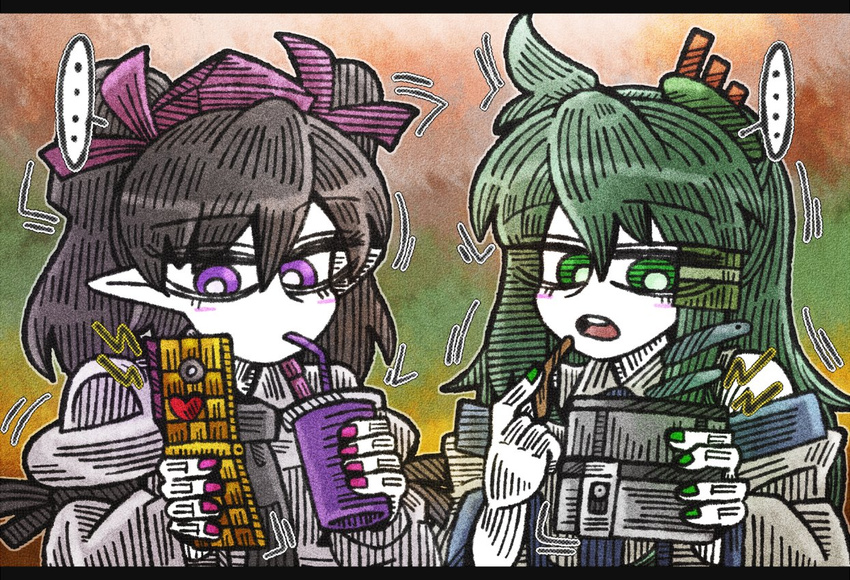 2girls bendy_straw black_hair black_neckwear blush_stickers commentary detached_sleeves drinking_straw eyebrows_visible_through_hair green_eyes green_hair green_nails hair_between_eyes hair_ornament hair_tubes hat heart himekaidou_hatate juliet_sleeves kochiya_sanae line_shading long_hair long_sleeves multiple_girls nail_polish phone pointy_ears puffy_sleeves purple_eyes purple_hat purple_nails sidelocks snake_hair_ornament spoken_ellipsis suenari_(peace) tokin_hat touhou twintails white_skin