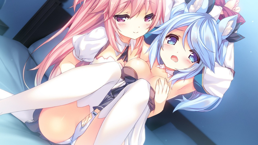 aisia_mayfield animal_ear_fluff animal_ears armpits arms_up bed blue_eyes blue_hair blush bound bound_wrists breast_grab breasts breasts_outside cat_ears detached_sleeves dress dress_lift dress_pull fingering fingering_through_clothes fingering_through_panties game_cg grabbing karakara_(game) knees_to_chest knees_together_feet_apart legs_up long_hair lucia_haynes medium_breasts multiple_girls nipples official_art open_mouth p19 panties pantyshot pantyshot_(sitting) pillow pink_eyes pink_hair pussy_juice ribbon sitting smile strapless strapless_dress thighhighs through_clothes underwear wet wet_clothes wet_panties white_dress white_legwear white_panties yuri
