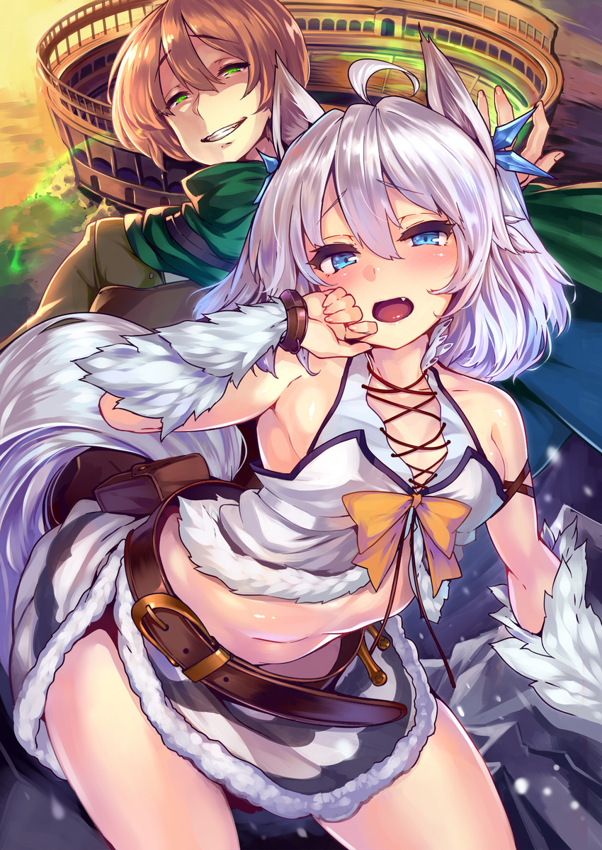 1girl ahoge animal_ears armpits bare_shoulders belt_pouch blue_eyes blush breasts character_request colosseum commentary_request cover cover_page cowboy_shot crop_top fang fox_ears fur fur_trim grin hair_ornament highres kaifuku_jutsushi_no_yarinaoshi_~sokushi_mahou_to_skill_copy_no_chouetsu_heal~ leaning_forward looking_at_viewer navel novel_cover novel_illustration official_art open_mouth pouch setsuna_(kaifuku_jutsushi_no_yarinaoshi) shiokonbu side_slit sideboob silver_hair small_breasts smile stomach