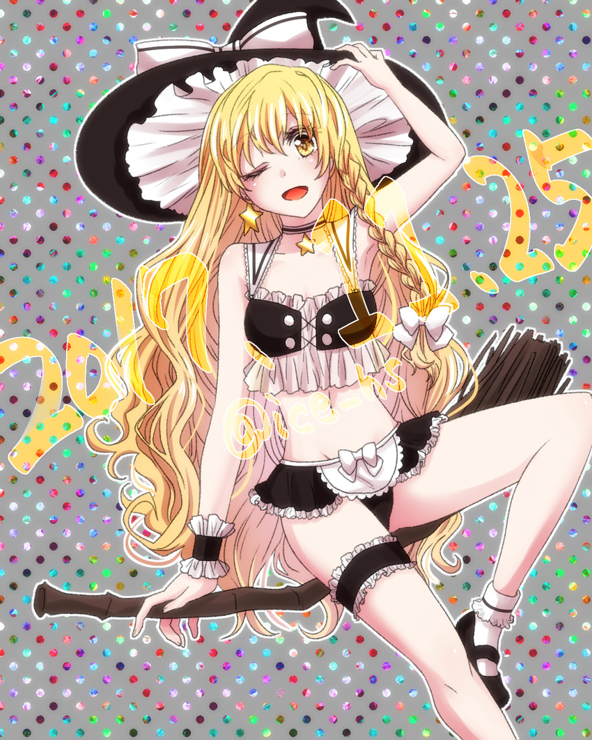 alternate_costume armpits bangs big_hair black_footwear black_hat black_panties black_skirt blonde_hair blush bobby_socks bow braid breasts broom broom_riding camisole choker dated grey_background hair_between_eyes hair_bow hand_on_headwear hat hat_bow highres ice_(aitsugai) jewelry kirisame_marisa knee_up leg_garter legs long_hair looking_at_viewer microskirt navel one_eye_closed open_mouth panties pendant polka_dot polka_dot_background single_braid single_earring single_wrist_cuff skirt small_breasts smile socks solo star thighs touhou underwear very_long_hair white_bow white_legwear witch_hat wrist_cuffs yellow_eyes