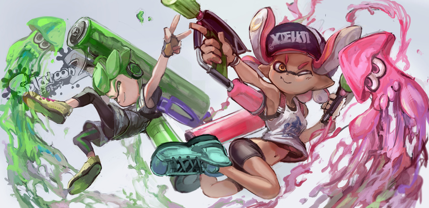 1girl absurdres bangs baseball_cap basketball_jersey bike_shorts black_pants black_shorts blue_footwear blunt_bangs copyright_name cross-laced_footwear dark_skin domino_mask dual_wielding green_footwear green_hair hair_slicked_back hat headphones highres holding holding_weapon ink_tank_(splatoon) inkling inkling_(language) jumping mask myuu1995 navel one_eye_closed paint_roller paint_splatter pants pink_hair pointy_ears shirt shoes short_hair short_sleeves shorts sleeveless sleeveless_shirt sneakers splat_dualies_(splatoon) splat_roller_(splatoon) splatoon_(series) splatoon_2 squid squinting t-shirt tentacle_hair weapon white_shirt