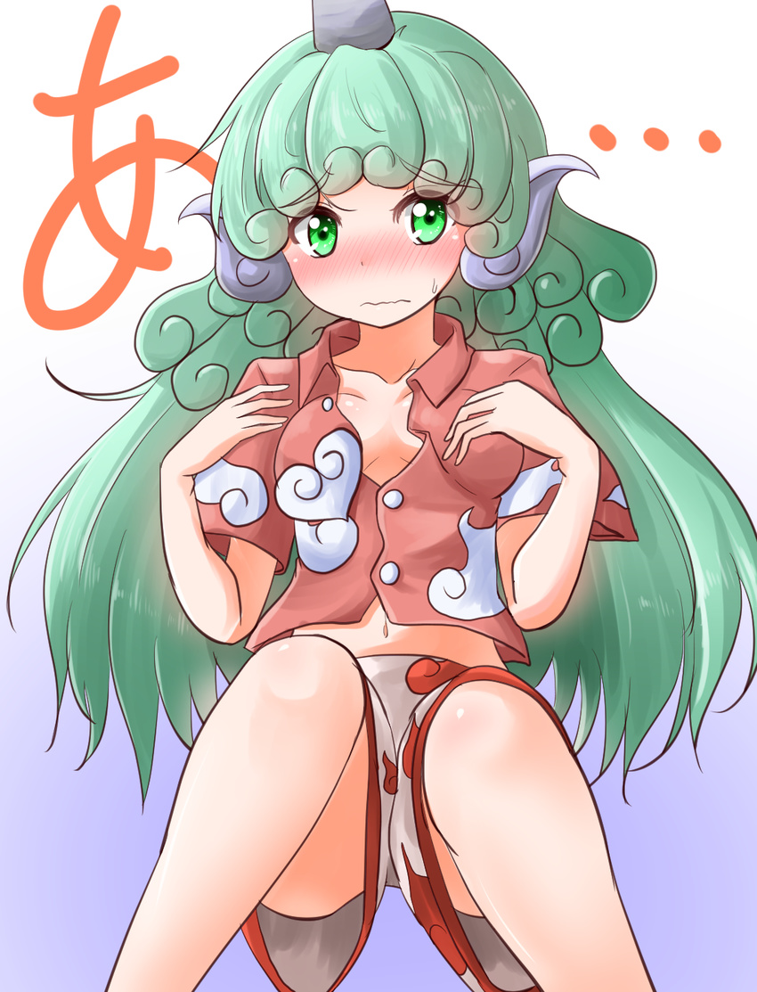 a animal_ears bangs blush breasts buttons closed_mouth collared_shirt commentary_request eyebrows_visible_through_hair gradient gradient_background green_eyes green_hair highres horn komano_aun long_hair looking_at_viewer midriff multicolored multicolored_background navel nose_blush oshiaki partially_unbuttoned red_shirt shirt short_sleeves shorts small_breasts solo sweat touhou two-tone_background upshorts wavy_mouth