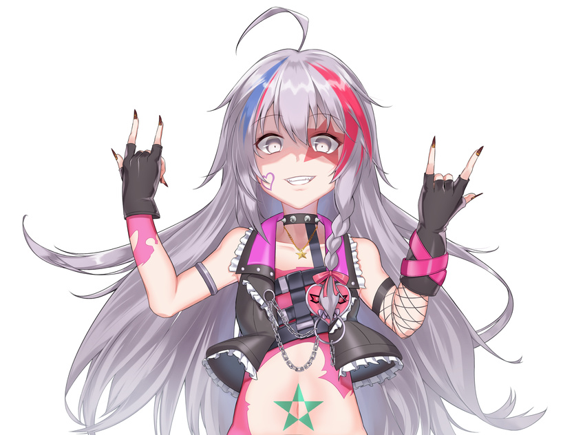 \m/ ahoge armlet bare_shoulders black_gloves blue_hair bow braid chain collar collarbone double_\m/ eyebrows_visible_through_hair fingernails gloves grey_hair grin hair_between_eyes hair_bow heart_tattoo highres hoshi_shouko idolmaster idolmaster_cinderella_girls jewelry long_fingernails long_hair multicolored_hair navel necklace pink_bow red_hair sharp_fingernails side_braid simple_background single_braid smile solo spiked_collar spikes ssogari star star_necklace star_tattoo streaked_hair tattoo very_long_hair white_background