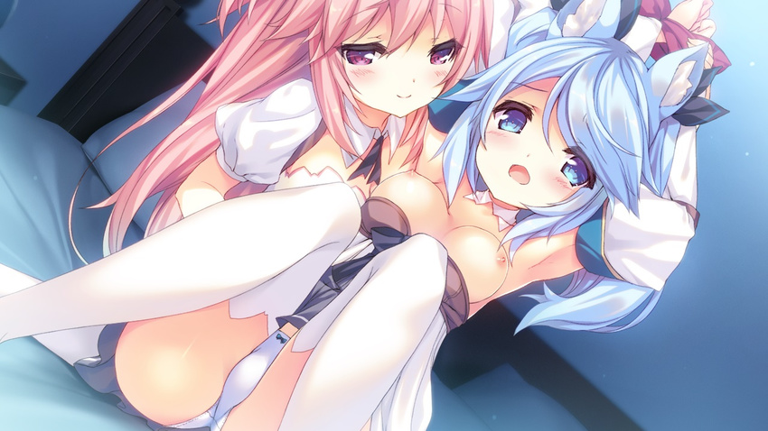 aisia_mayfield animal_ear_fluff animal_ears armpits arms_up bed blue_eyes blue_hair blush bound bound_wrists breasts breasts_outside cat_ears detached_sleeves dress dress_lift dress_pull game_cg karakara_(game) knees_to_chest knees_together_feet_apart legs_up long_hair lucia_haynes medium_breasts multiple_girls nipples official_art open_mouth p19 panties pantyshot pantyshot_(sitting) pillow pink_eyes pink_hair ribbon sitting smile strapless strapless_dress thighhighs underwear white_dress white_legwear white_panties yuri