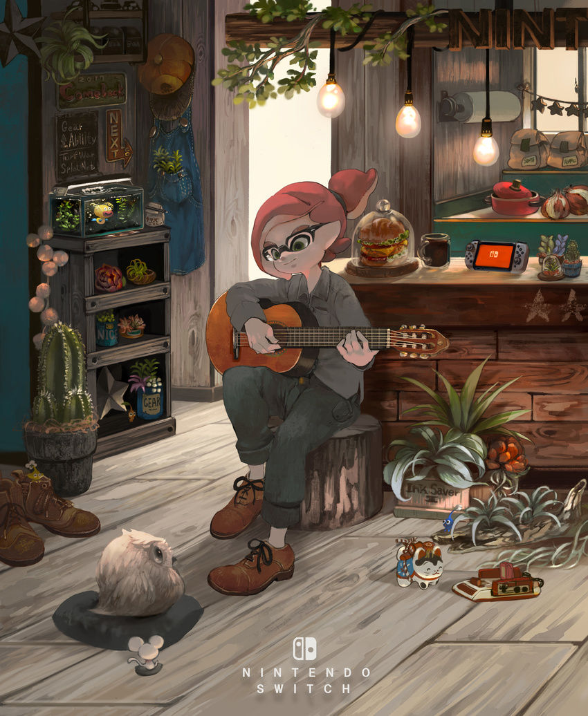 acoustic_guitar bag bird bookshelf boots brown_footwear cabinet cactus coffee_mug collared_shirt counter cup domino_mask famicom famicom_gamepad fish_tank flower food game_console glasses green_eyes grey_shirt guitar hamburger hanging_light hat hat_removed headwear_removed highres indoors inkling instrument kitchen lamp long_sleeves looking_at_another looking_down male_focus mask minato_(minat0) mouse mug music nintendo_switch onion owl pants paper_towel pikmin_(creature) pikmin_(series) pillow plant playing_instrument ponytail pot potted_plant red_hair shirt shoes sign sitting smile solo splatoon_(series) splatoon_2 tentacle_hair towel toy wooden_floor