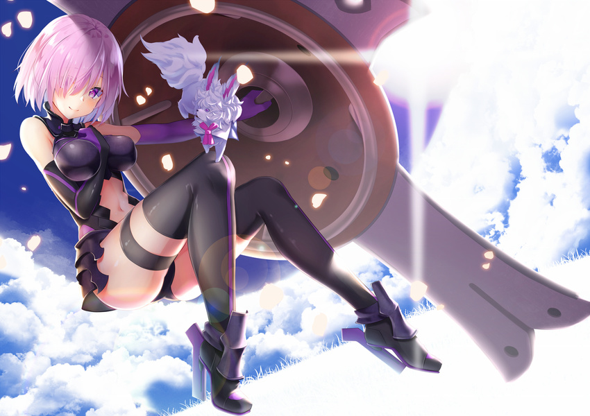 bangs between_breasts black_footwear black_gloves black_legwear black_leotard blue_sky blush boots breasts closed_mouth cloud cloudy_sky commentary_request day elbow_gloves fate/grand_order fate_(series) faulds fou_(fate/grand_order) gloves hair_over_one_eye hand_between_breasts hand_on_own_chest high_heel_boots high_heels highres large_breasts lens_flare leotard looking_at_viewer mash_kyrielight mirea navel navel_cutout outdoors purple_eyes purple_gloves purple_hair shield short_hair sky smile solo thigh_strap thighhighs thighs