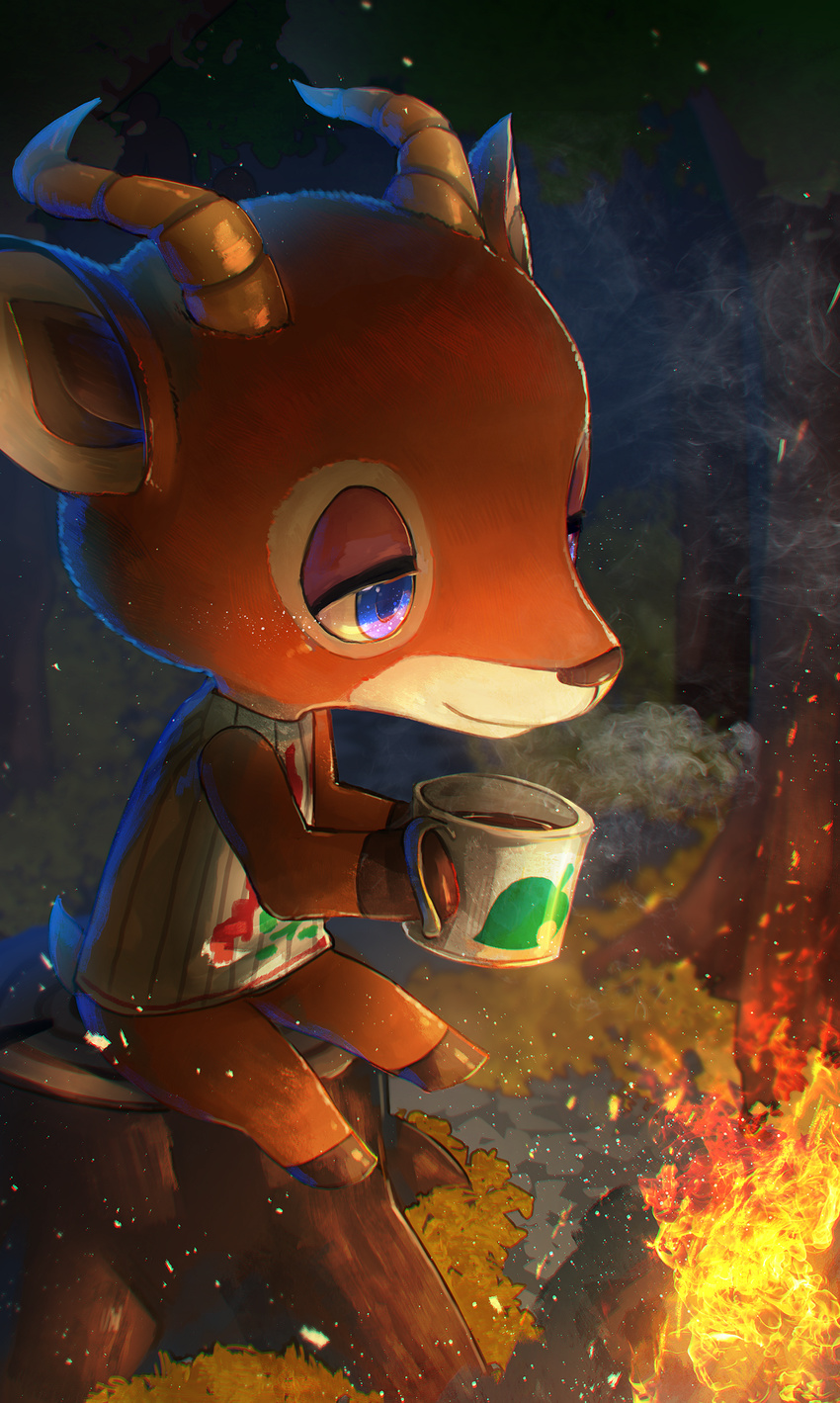 animal_ears blue_eyes coffee deer_ears deer_tail doubutsu_no_mori fire furry highres horns kashu_(hizake) leaf male_focus peter_(doubutsu_no_mori) sitting smoke solo sparkle tareme tree