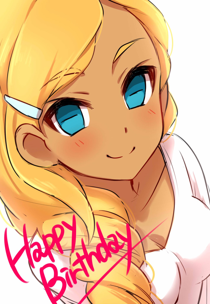 bangs blonde_hair blue_eyes blush character_request closed_mouth dark_skin english eyebrows_visible_through_hair hair_ornament hairclip happy_birthday highres inazuma_eleven_(series) long_hair looking_at_viewer sekina shirt simple_background sketch smile solo upper_body white_background white_shirt