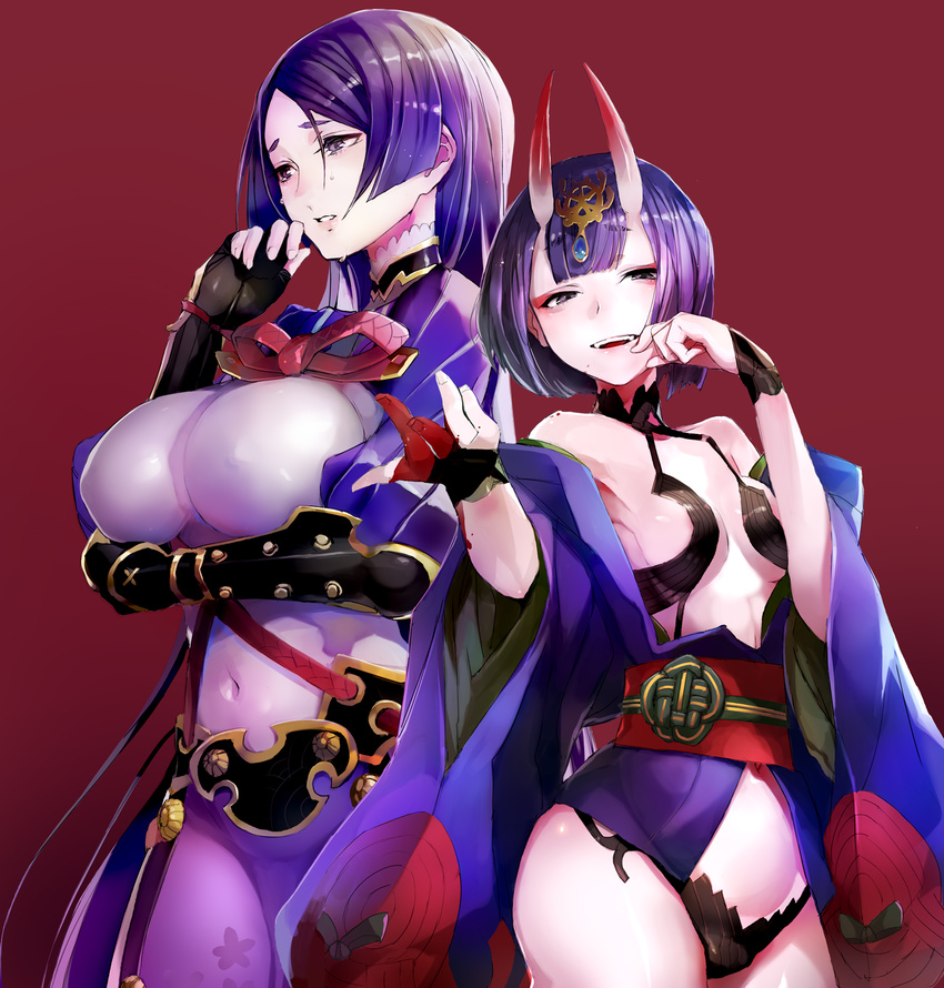 :d bare_shoulders belt black_gloves blood bloody_hands blush bodysuit bracer breasts cleavage contrapposto covered_navel covered_nipples cowboy_shot crying crying_with_eyes_open dripping eyebrows_visible_through_hair eyeliner eyeshadow fate/grand_order fate_(series) finger_to_mouth fingerless_gloves fingernails gloves gradient gradient_background headpiece highres horns japanese_clothes kimono large_breasts light_particles long_hair long_sleeves looking_at_viewer makeup minamoto_no_raikou_(fate/grand_order) multiple_girls navel off_shoulder oni oni_horns open_clothes open_kimono open_mouth pale_skin parted_lips pelvic_curtain puffy_sleeves purple_background purple_bodysuit purple_eyes purple_hair purple_kimono red_background revealing_clothes short_hair short_kimono shuten_douji_(fate/grand_order) simple_background small_breasts smile sparks standing taishi_(picchiridou) tears teeth thighs vambraces very_long_hair wide_sleeves