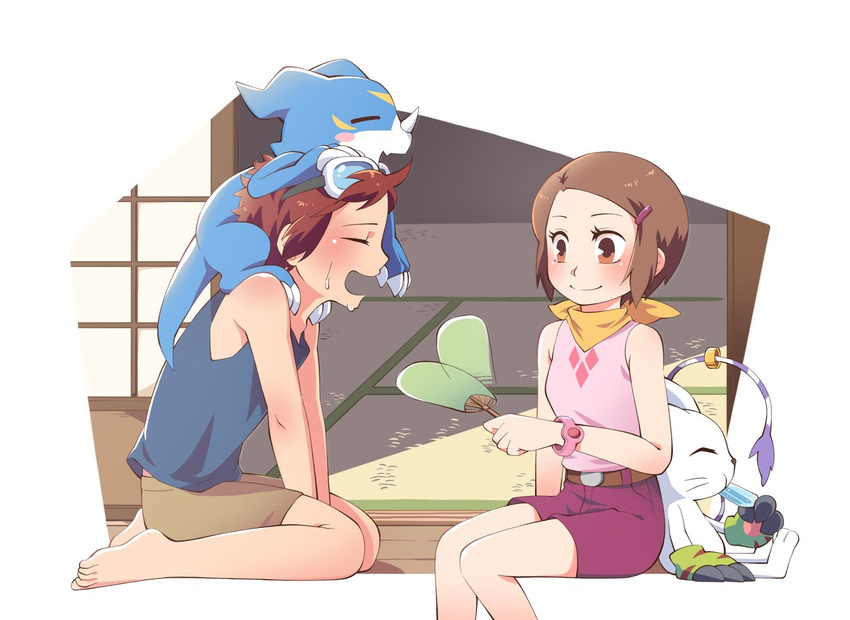 1boy 1girl digimon digimon_adventure_02 fanning goggles motomiya_daisuke tailmon veemon yagami_hikari