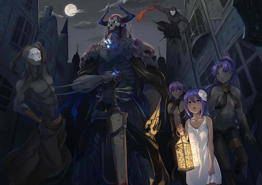 3girls :o abs adjusting_hair arm_behind_head arm_up armlet armor armpits assassin_(fate/zero) balcony bald bangs bare_arms bare_shoulders black_gloves black_hairband black_pants black_sky blue_eyes breastplate breasts building center_opening child_assassin_(fate/zero) cleavage closed_mouth cloud collarbone cowboy_shot dagger dress earrings elbow_gloves expressionless fate/grand_order fate/prototype fate/prototype:_fragments_of_blue_and_silver fate/stay_night fate/zero fate_(series) female_assassin_(fate/zero) flat_chest full_moon gauntlets gloves glowing glowing_eyes grey_skin hair_between_eyes hairband hand_up hassan_of_serenity_(fate) height_difference highres holding holding_sword holding_weapon hoop_earrings horns jewelry king_hassan_(fate/grand_order) knee_pads lantern leaning_forward legs_apart light long_hair looking_at_viewer mask mask_on_head medium_breasts midair moon multiple_boys multiple_girls muscle nakaga_eri navel night night_sky open_mouth outdoors pants parted_bangs ponytail purple_eyes purple_hair revealing_clothes sheath sheathed shirtless short_hair shoulder_spikes skull skull_mask sky sleeveless sleeveless_dress smile spikes standing stomach sundress sword teeth tight tight_pants torn_clothes town trait_connection true_assassin underboob very_long_hair weapon white_dress window