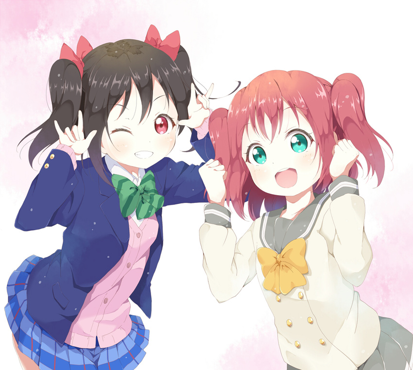 \m/ aqua_eyes black_hair blazer blue_jacket bow clenched_hands commentary_request double_\m/ green_bow green_neckwear grin hair_bow jacket kurosawa_ruby love_live! love_live!_school_idol_project love_live!_sunshine!! multiple_girls nico_nico_nii one_eye_closed open_blazer open_clothes open_jacket orange_bow orange_neckwear otonokizaka_school_uniform pink_cardigan red_bow red_eyes red_hair school_uniform serafuku short_twintails skirt smile striped striped_bow toma_(shinozaki) twintails two_side_up uranohoshi_school_uniform yazawa_nico