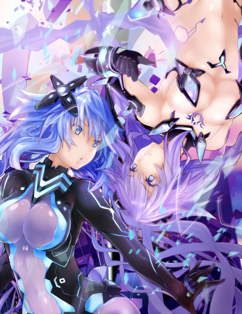 :o blue_eyes blue_hair bodysuit braid breasts cleavage dual_persona elbow_gloves gloves grin headgear highres large_breasts long_hair looking_at_another multiple_girls navel nepnep_connect:_chaos_chanpuru neptune_(series) next_purple power_symbol purple_hair purple_heart purple_heart_(chaos_form) shin_jigen_game_neptune_vii shishin_(shishintei) smile symbol-shaped_pupils twin_braids twintails very_long_hair