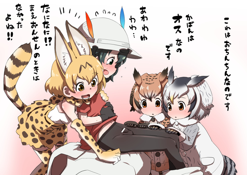 3girls animal_ears bar_censor black_hair blonde_hair brown_hair censored check_commentary commentary_request elbow_gloves eurasian_eagle_owl_(kemono_friends) flaccid genderswap genderswap_(ftm) gloves hat kaban_(kemono_friends) kemono_friends multicolored_hair multiple_girls northern_white-faced_owl_(kemono_friends) orange_eyes otoko_no_ko pants pants_removed pantyhose serval_(kemono_friends) sitting tail thighhighs translated uchuu_ika white_hair