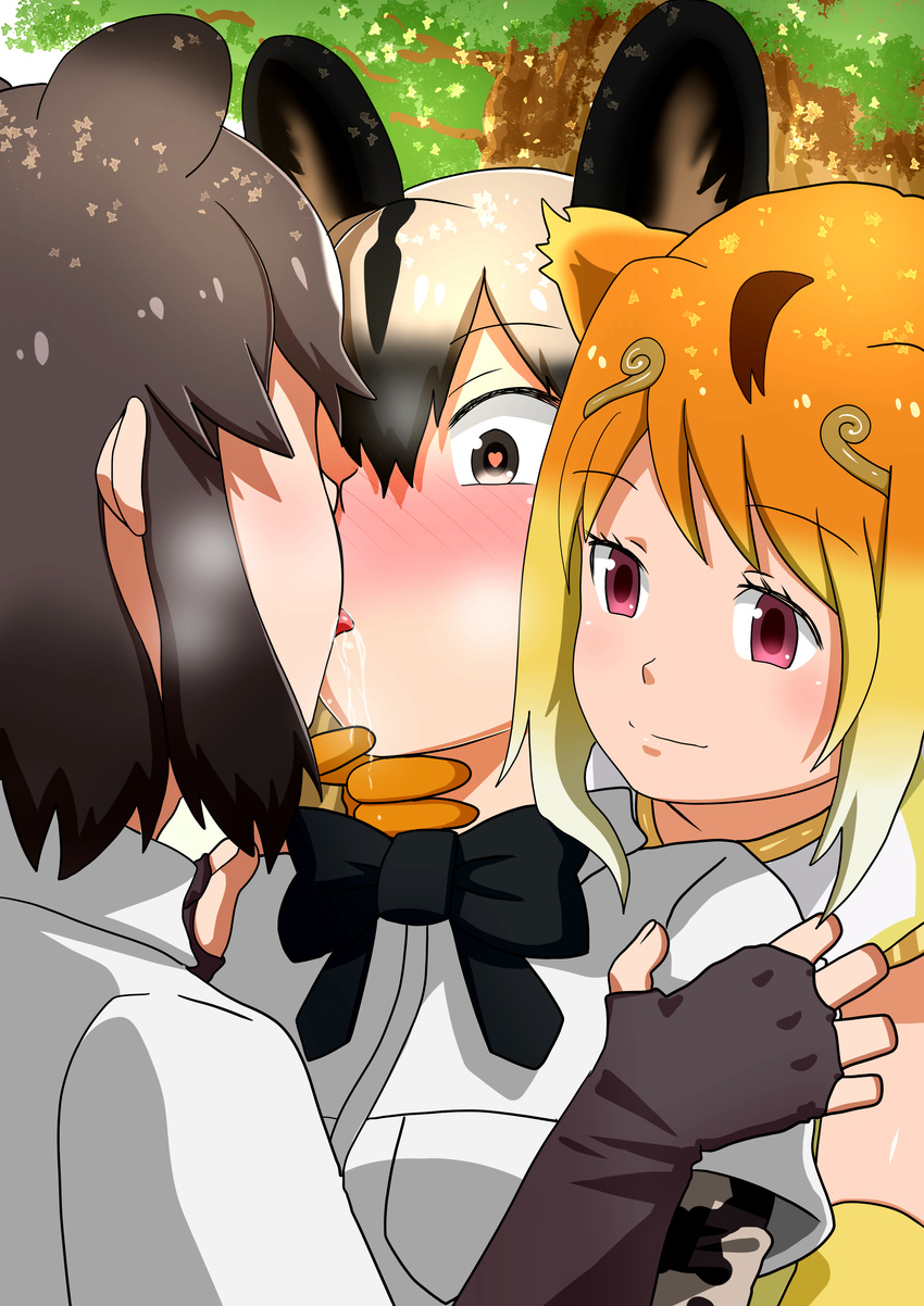 absurdres african_wild_dog_(kemono_friends) animal_ears bear_ears bear_girl blush brown_bear_(kemono_friends) commentary_request dog_ears golden_snub-nosed_monkey_(kemono_friends) heart heart-shaped_pupils highres kemono_friends kiss monkey_ears multicolored_hair multiple_girls oekakimannga saliva short_hair symbol-shaped_pupils tree yuri