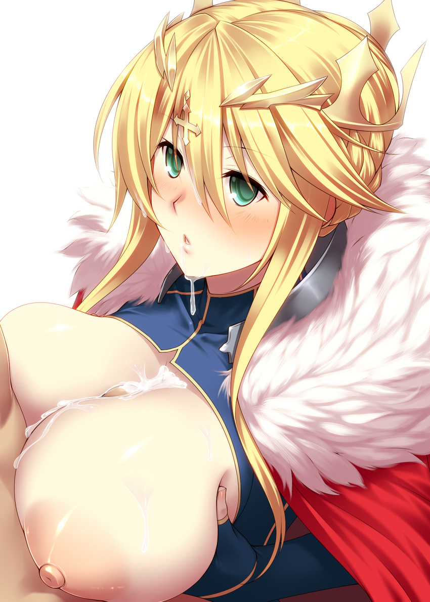 artoria_pendragon_(all) artoria_pendragon_(lancer) blonde_hair blush breasts cape cleavage commentary crown cum cum_on_body cum_on_breasts cum_on_hair cum_on_upper_body deep_skin facial fate/grand_order fate_(series) fur_trim green_eyes hair_between_eyes highres huge_breasts mature nipples paizuri parted_lips penis red_cape sidelocks solo_focus tro upper_body