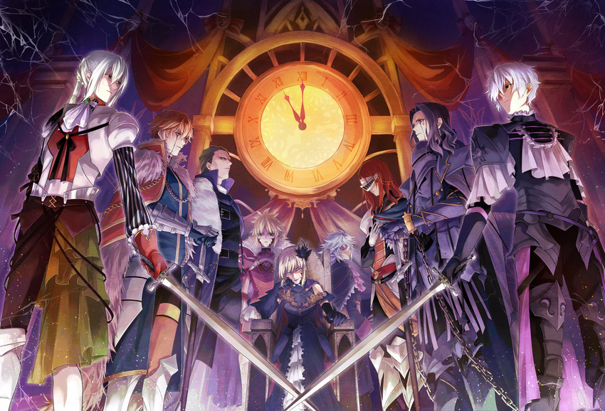 6+boys agravain_(fate/grand_order) artoria_pendragon_(all) artoria_pendragon_(lancer_alter) bedivere berserker_(fate/zero) cape clock commentary_request crossed_swords fate/apocrypha fate/extra fate/grand_order fate/stay_night fate_(series) galahad_(fate) gawain_(fate/extra) hair_over_one_eye highres karasaki knights_of_the_round_table_(fate) lancelot_(fate/zero) long_hair looking_at_viewer merlin_(fate) mordred_(fate) mordred_(fate)_(all) multiple_boys multiple_girls platinum_blonde_hair silver_hair sitting sword tristan_(fate/grand_order) weapon