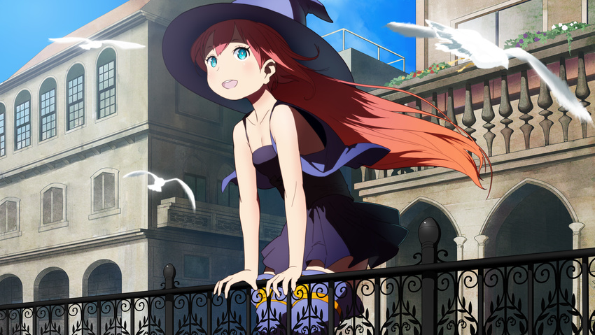 1girl blue_eyes female hasukawa_isaburou hat long_hair open_mouth original outdoors solo witch witch_hat