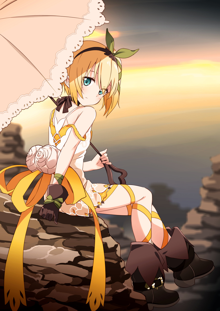 absurdres bare_shoulders black_choker blonde_hair blue_eyes blush boots bow brown_footwear brown_gloves canyon choker closed_mouth dress edna_(tales) eyes_visible_through_hair from_behind gloves hair_bow hairband highres holding holding_umbrella light_smile looking_at_viewer looking_back mousou_(mousou_temporary) off_shoulder outdoors rock short_dress short_hair single_glove sitting solo sunset tales_of_(series) tales_of_zestiria umbrella white_dress