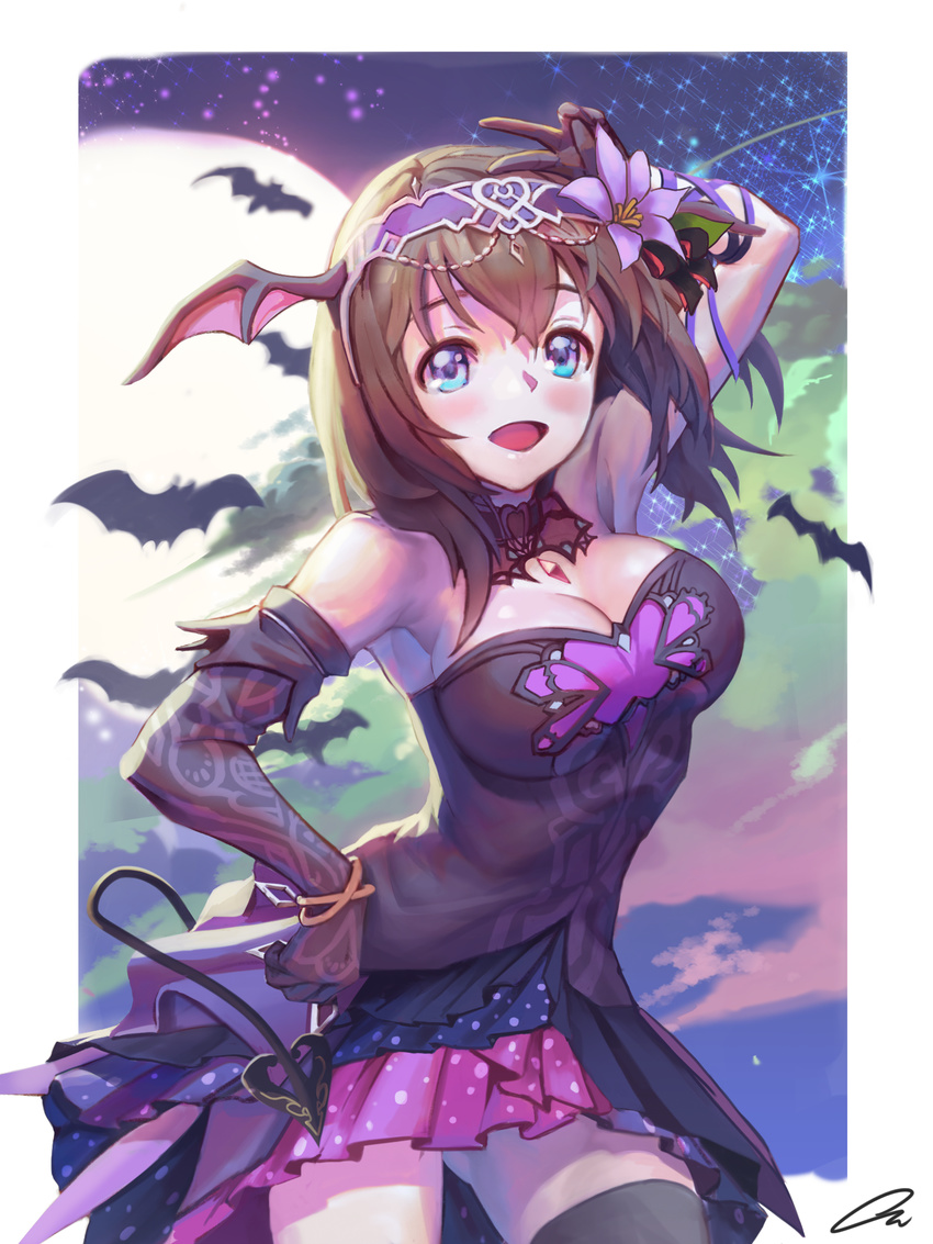 armpits bare_shoulders bat bat_wings black_gloves blue_eyes blush breasts brown_hair cleavage commentary_request demon_tail dress elbow_gloves flower gloves hair_flower hair_ornament hairband hand_on_hip head_wings highres idolmaster idolmaster_cinderella_girls korean_commentary large_breasts long_hair looking_at_viewer oz_(gerbera7) partial_commentary sagisawa_fumika solo tail wings