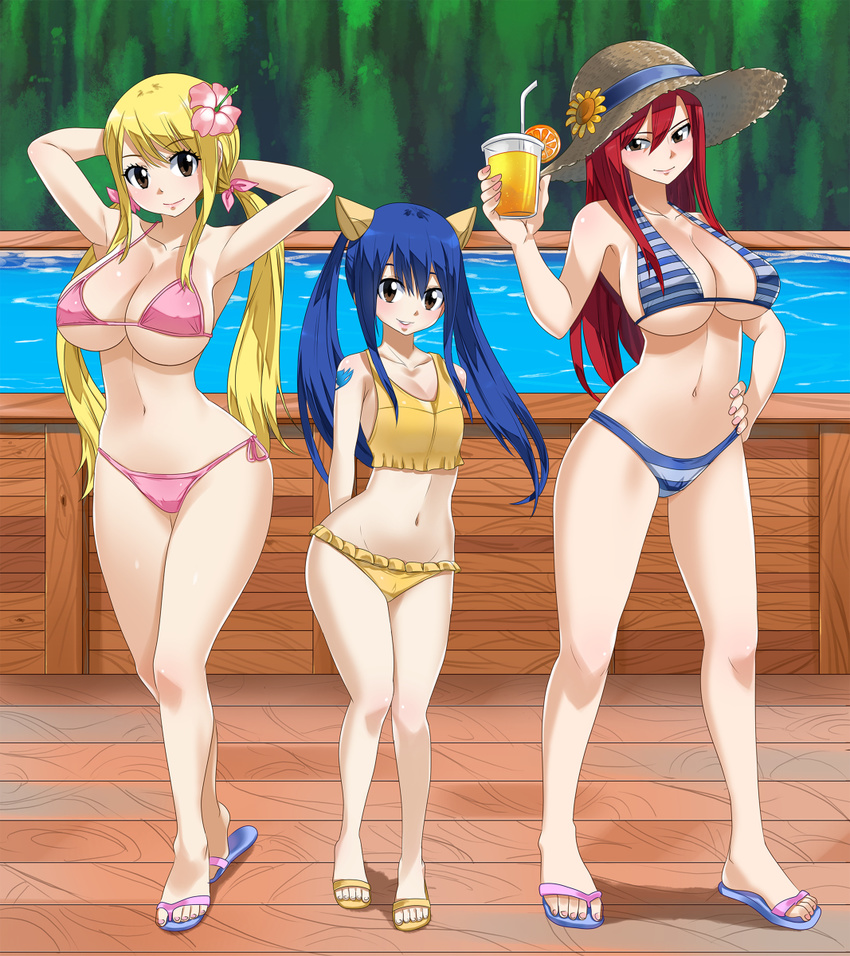 bikini blonde_hair blue_hair blush breasts erza_scarlet fairy_tail feet large_breasts lucy_heartfilia nail_polish red_hair smile tattoo wendy_marvell