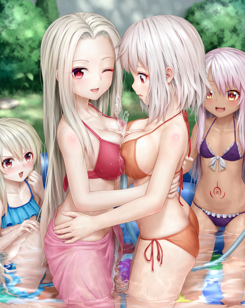 :d ;d aki99 between_breasts bikini blue_bikini blush breast_press breasts brown_eyes bust_cup chloe_von_einzbern commentary covered_nipples day fate/kaleid_liner_prisma_illya fate_(series) flat_chest forehead halter_top halterneck highres hose illyasviel_von_einzbern implied_incest irisviel_von_einzbern large_breasts leysritt long_hair looking_at_viewer looking_down mother_and_daughter multiple_girls one_eye_closed open_mouth outdoors pink_hair purple_bikini red_eyes revision sarong side-tie_bikini sidelocks silver_hair small_breasts smile stomach_tattoo swimsuit symmetrical_docking tattoo wading wading_pool water yuri