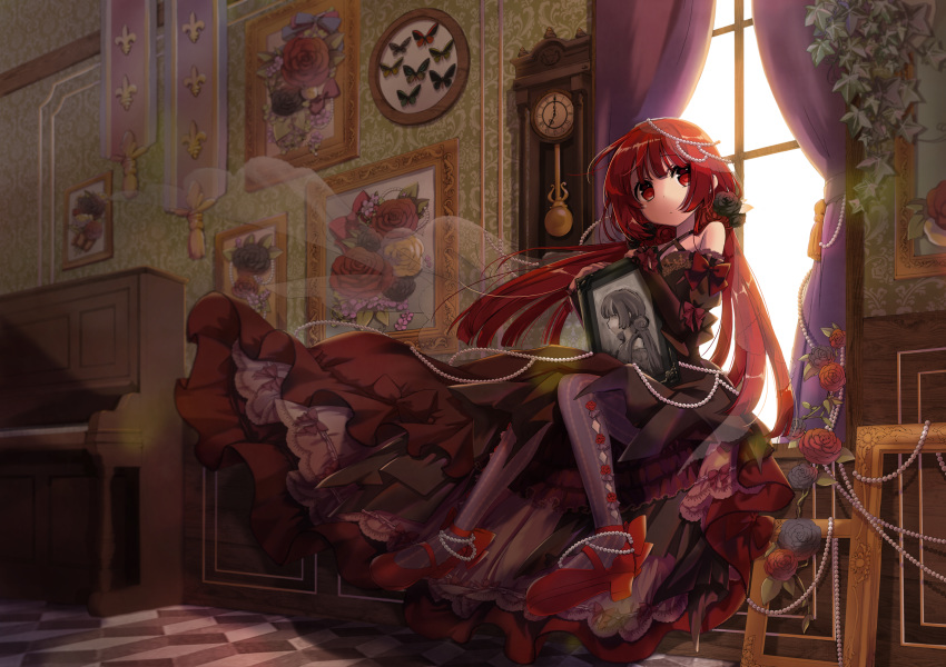 1girl bare_shoulders clock commentary curtains flower frilled_skirt frills full_body grandfather_clock hekicha highres holding indoors instrument long_hair looking_at_viewer original painting_(object) pantyhose piano portrait_(object) red_eyes red_footwear red_hair ribbon rose sitting skirt slippers solo strappy_heels window