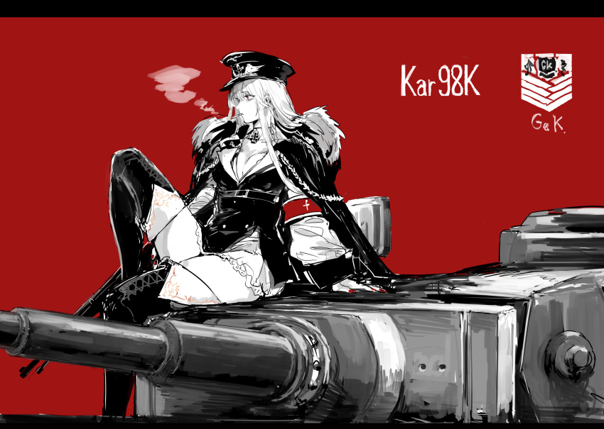 1girl belt bolt_action boots breasts character_name cigarette cleavage fur_trim girls_frontline ground_vehicle hat highres holding kar98k_(girls_frontline) long_hair mauser_98 military military_hat military_uniform military_vehicle monochrome motor_vehicle osakana_(denpa_yun'yun) red_background red_eyes simple_background sitting smoking solo tank thigh_boots thighhighs uniform weapon