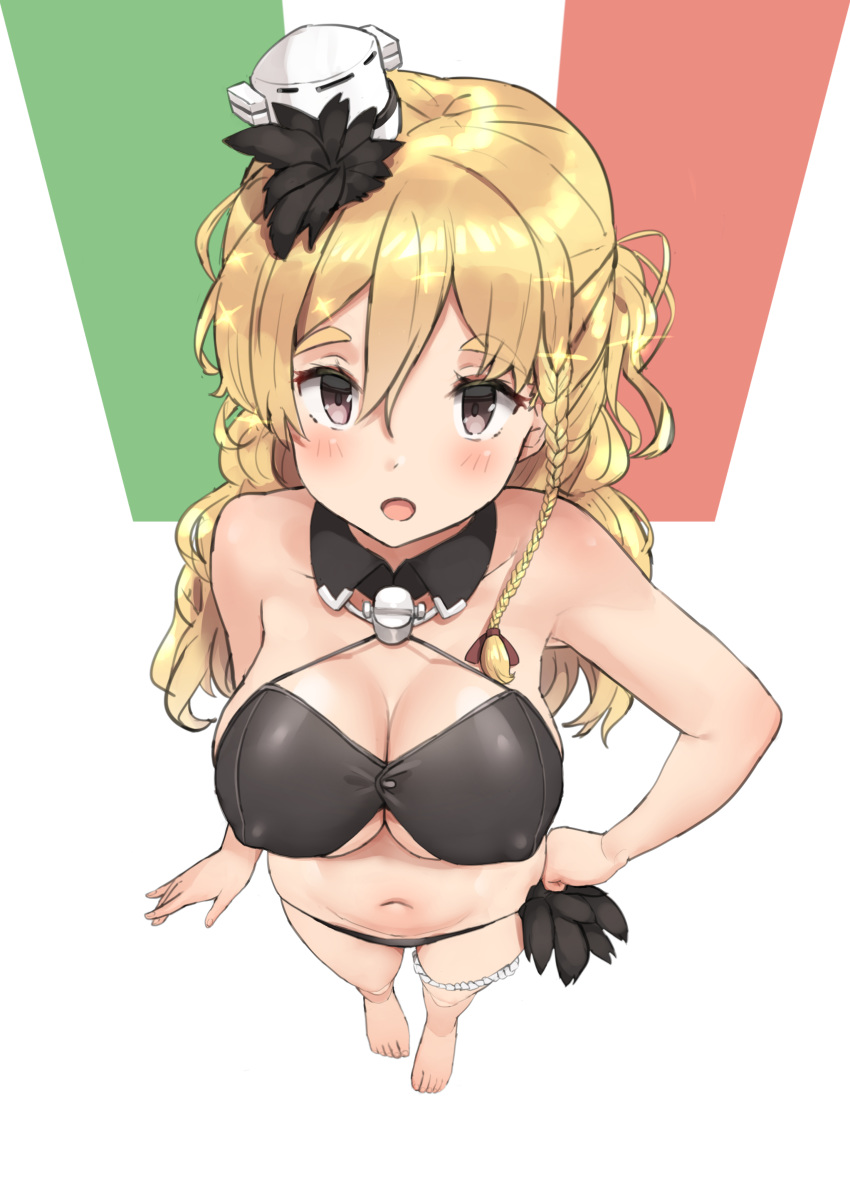 1girl absurdres alternate_costume bangs bikini black_bikini blonde_hair blush braid breasts brown_eyes cleavage collarbone commentary_request erect_nipples eyebrows_visible_through_hair feathers french_braid full_body hair_between_eyes hair_ornament hair_over_shoulder hair_ribbon hand_on_hip hat highres italian_flag kantai_collection large_breasts long_hair looking_at_viewer mini_hat navel open_mouth revision ribbon side_braid simple_background smile solo soushou_nin standing string_bikini swimsuit tilted_headwear tress_ribbon wavy_hair zara_(kantai_collection)