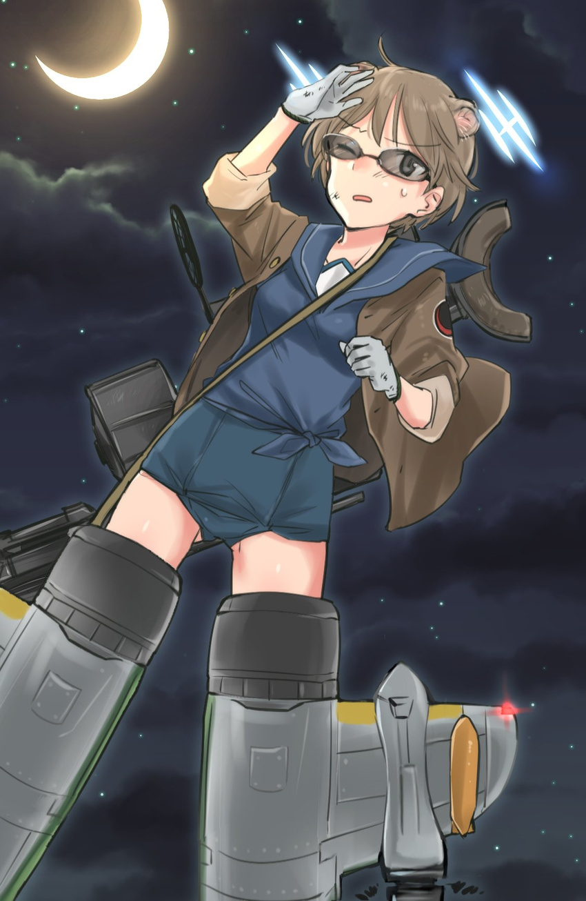 aa_gun animal_ears aohashi_ame bangs black_jacket blouse blue_blouse brown_eyes brown_hair carrying cloud cloudy_sky commentary_request crescent_moon eyebrows_visible_through_hair flying gloves gun highres hirschgeweih_antennas jacket moon night night_sky no_pants one-piece_swimsuit one_eye_closed original parted_lips rimless_eyewear sailor_collar shading_eyes short_hair sky sleeves_rolled_up solo star_(sky) starry_sky striker_unit sunglasses swimsuit swimsuit_under_clothes weapon weapon_on_back weapon_request white_gloves world_witches_series