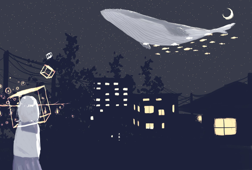 animal building commentary_request fish flying_whale from_behind highres moon nature night night_sky original outdoors scenery school_uniform serafuku sky solo star_(sky) starry_sky tensen tree whale