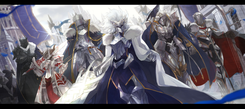 5boys agravain_(fate/grand_order) armor artoria_pendragon_(all) artoria_pendragon_(lancer) bedivere breastplate clarent cloak commentary_request day dutch_angle fate/apocrypha fate/extra fate/grand_order fate/stay_night fate_(series) faulds full_armor fur_trim gawain_(fate/extra) glint highres knights_of_the_round_table_(fate) lancelot_(fate/grand_order) letterboxed mono_(jdaj) mordred_(fate) mordred_(fate)_(all) multiple_boys multiple_girls outdoors rhongomyniad tristan_(fate/grand_order)