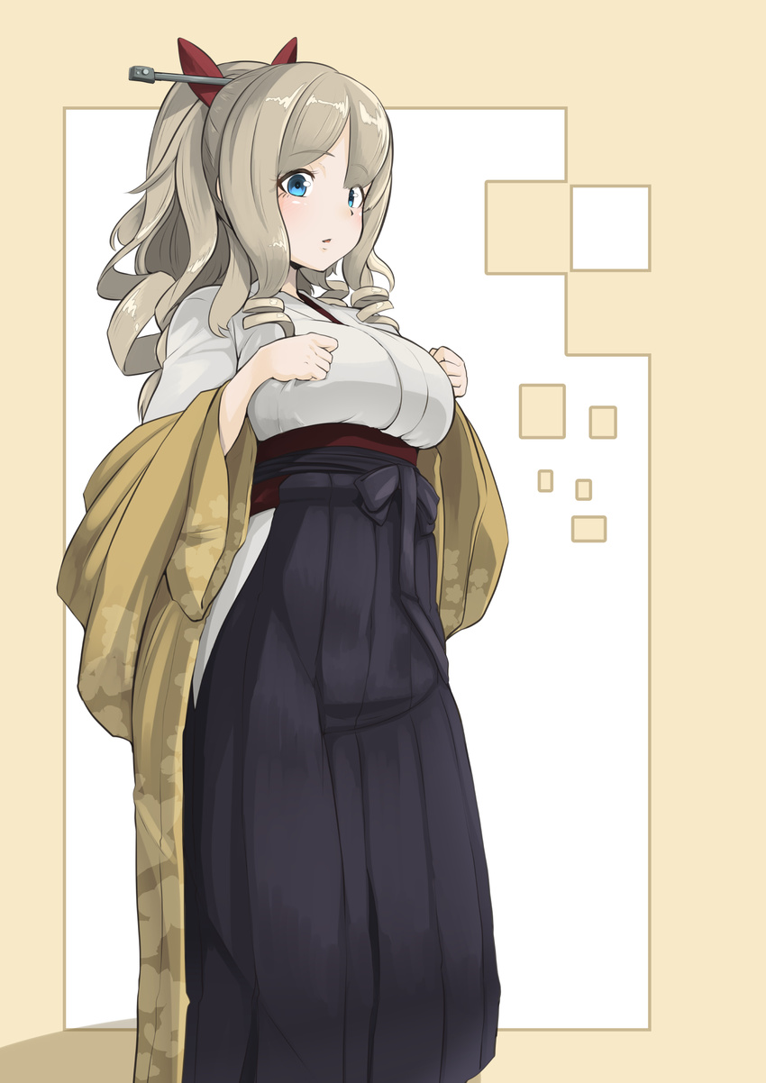 beige blue_eyes blush bow breasts brown_hair commentary_request drill_hair hair_between_eyes hair_bow hakama hakama_skirt hatakaze_(kantai_collection) highres japanese_clothes kantai_collection kimono large_breasts light_brown_hair long_hair looking_at_viewer meiji_schoolgirl_uniform open_mouth ponytail ryuun_(stiil) shadow solo wide_sleeves yellow_kimono