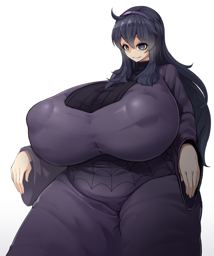 1girl absurdres ahoge black_hair breasts curvy gigantic_breasts grin hairband hex_maniac_(pokemon) highres long_hair npc plump pokemon pokemon_(game) pokemon_xy puffy_nipples purple_eyes sinensian smile solo thick_thighs wide_hips