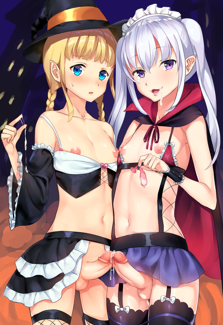 areolae bangs black_legwear blonde_hair blue_eyes blush braid bustier censored cloak condom cowboy_shot crossdressing cum cum_in_hands cum_in_mouth detached_sleeves erection eyebrows_visible_through_hair facial fangs fishnet_legwear fishnets frills garter_belt halloween hat highres lipstick looking_at_viewer maid_headdress makeup male_focus microskirt midriff mosaic_censoring multiple_boys multiple_penises nipples nose_blush open_mouth otoko_no_ko penis penises_touching pointless_censoring pointy_ears precum precum_trail purple_eyes purple_lipstick revealing_clothes riichi_(rouchi) showgirl_skirt sidelocks skirt smile stomach sweatdrop thighhighs twin_braids twintails used_condom vampire white_hair witch witch_hat yaoi