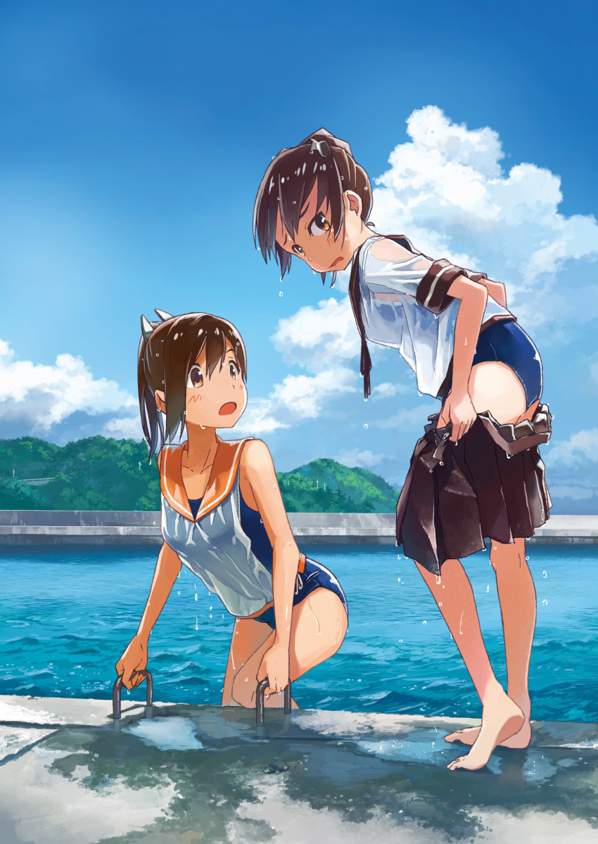 2girls absurdres barefoot blue_sky brown_eyes brown_hair cloud commentary_request highres i-401_(kantai_collection) kantai_collection kusakabe_(kusakabeworks) multiple_girls one-piece_swimsuit ponytail sailor_collar school_uniform serafuku shikinami_(kantai_collection) short_hair short_ponytail skirt skirt_removed sky swimsuit swimsuit_under_clothes wet