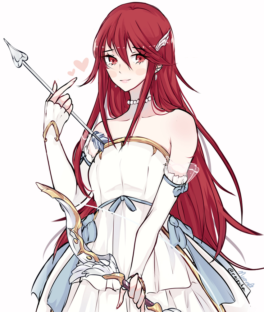 alternate_costume arrow bare_shoulders blush_stickers bow_(weapon) breasts bridal_gauntlets dress earrings fire_emblem fire_emblem:_kakusei fire_emblem_heroes hair_between_eyes heart highres jewelry long_hair looking_at_viewer nana_(mizukas) necklace pearl_necklace red_eyes red_hair signature simple_background small_breasts smile solo tiamo twitter_username upper_body weapon wedding_dress white_background winged_hair_ornament