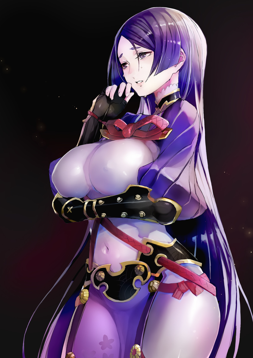 belt black_gloves blush bodysuit breasts contrapposto covered_navel covered_nipples cowboy_shot crying crying_with_eyes_open fate/grand_order fate_(series) fingerless_gloves gloves highres large_breasts long_hair minamoto_no_raikou_(fate/grand_order) parted_lips pelvic_curtain puffy_sleeves purple_background purple_bodysuit purple_eyes purple_hair solo sparks standing taishi_(picchiridou) tears vambraces very_long_hair